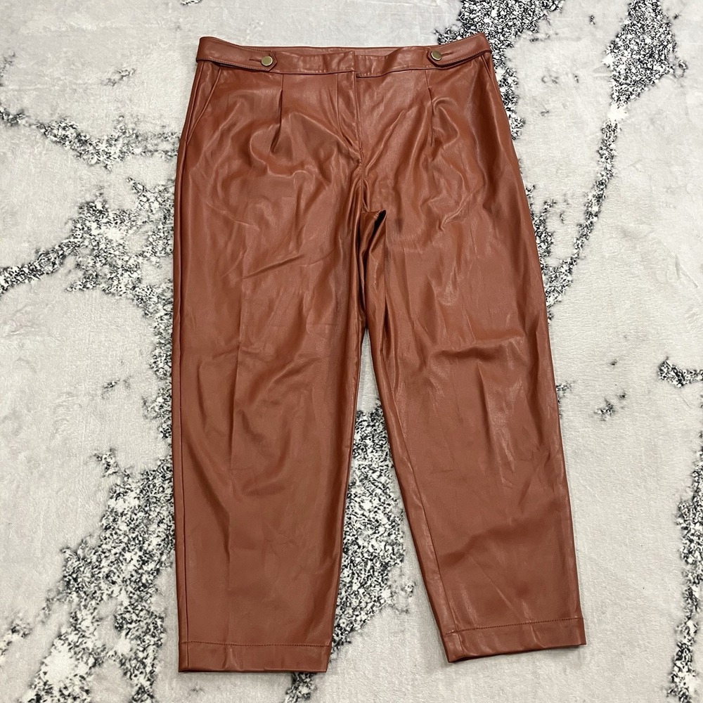 LOFT Faux Leather Cropped‎ Trouser Pants Brown Womens Size 16 Pleated